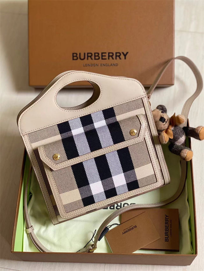 Mini Knitted Check and Leather Pocket Bag Beige High