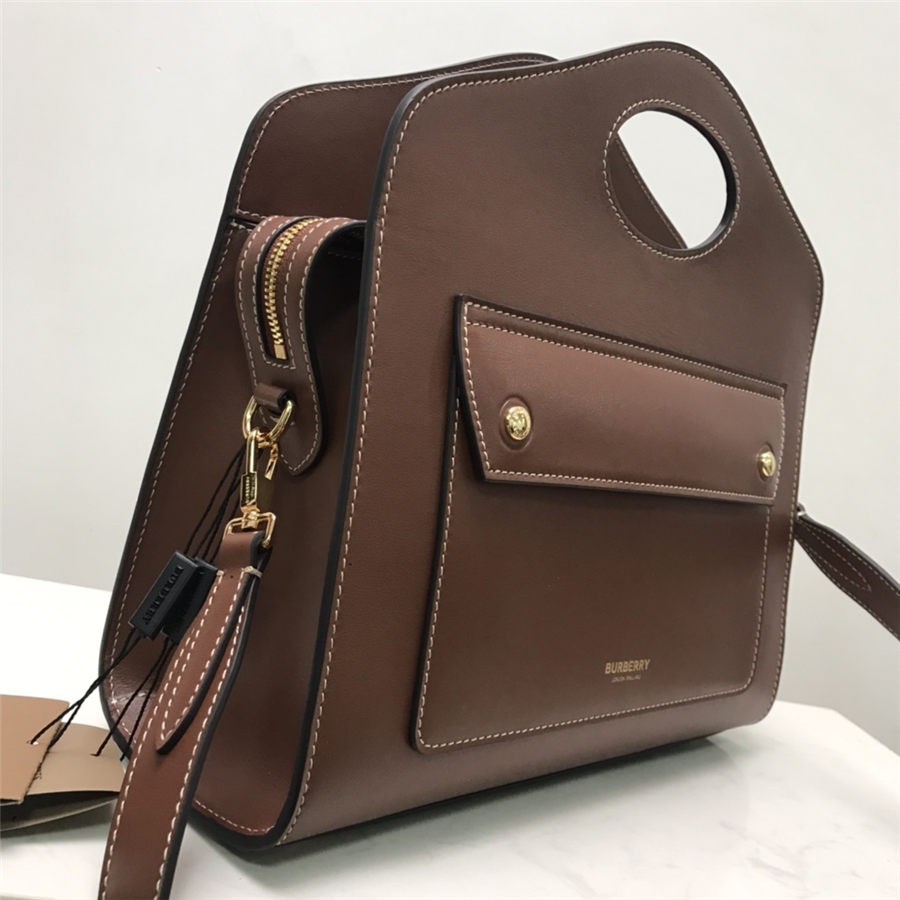 Small Topstitched Leather Pocket Tote Brown High