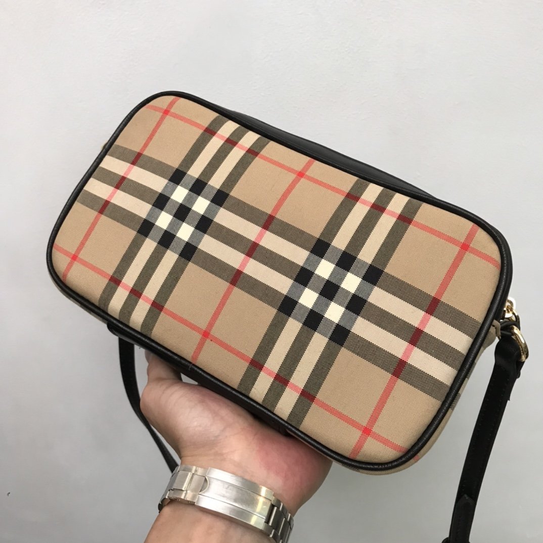 Small Vintage Check and Leather Camera Bag High