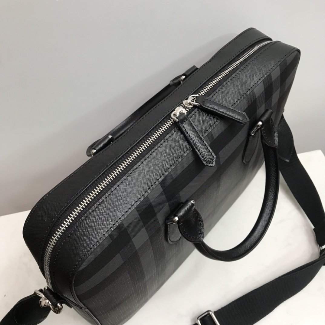 London Check and Leather Briefcase Black High