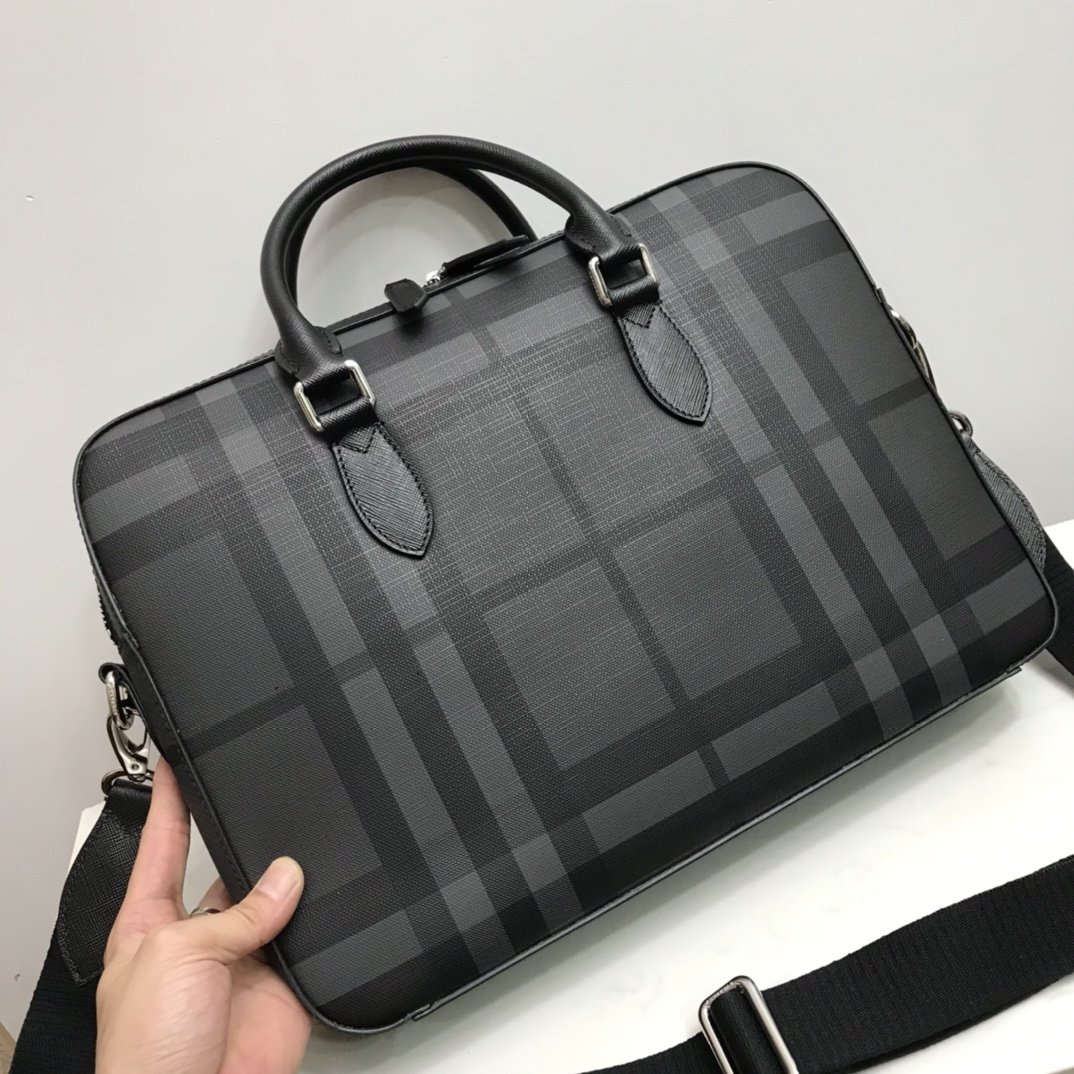 London Check and Leather Briefcase Black High