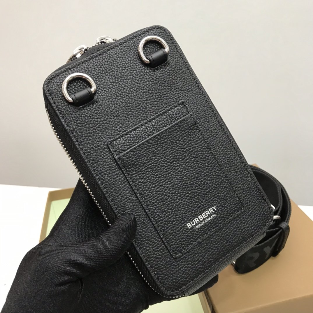 Grainy Leather Phone Case with Detachable Strap Black High