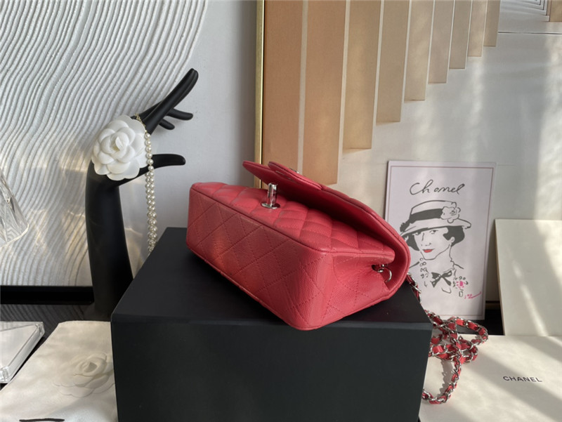 Mini CLASSIC HANDBAG Grained Calfskin Rose Red Silver Metal A