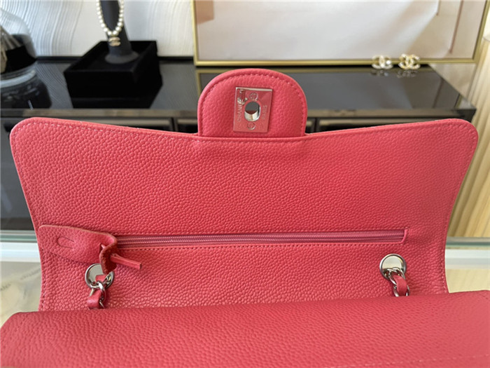 Medium CLASSIC HANDBAG Grained Calfskin Rose Red Silver Metal A