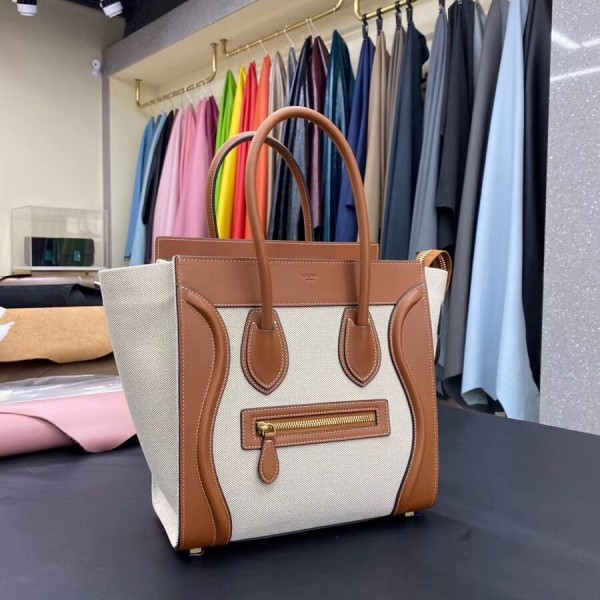 Celine Micro Luggage Bag In Canvas with Natural Calfskin High