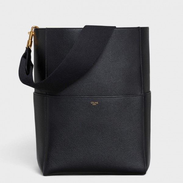 Celine Sangle Bucket Bag In Black Grained Calfskin High