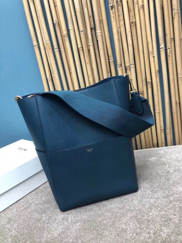 Celine Sangle Bucket Bag In Abyss Blue Grained Calfskin High