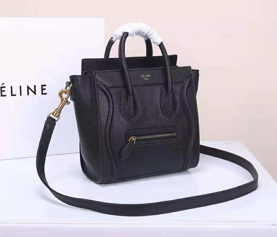 Celine Nano Luggage Bag In Black Drummed Calfskin Gold High