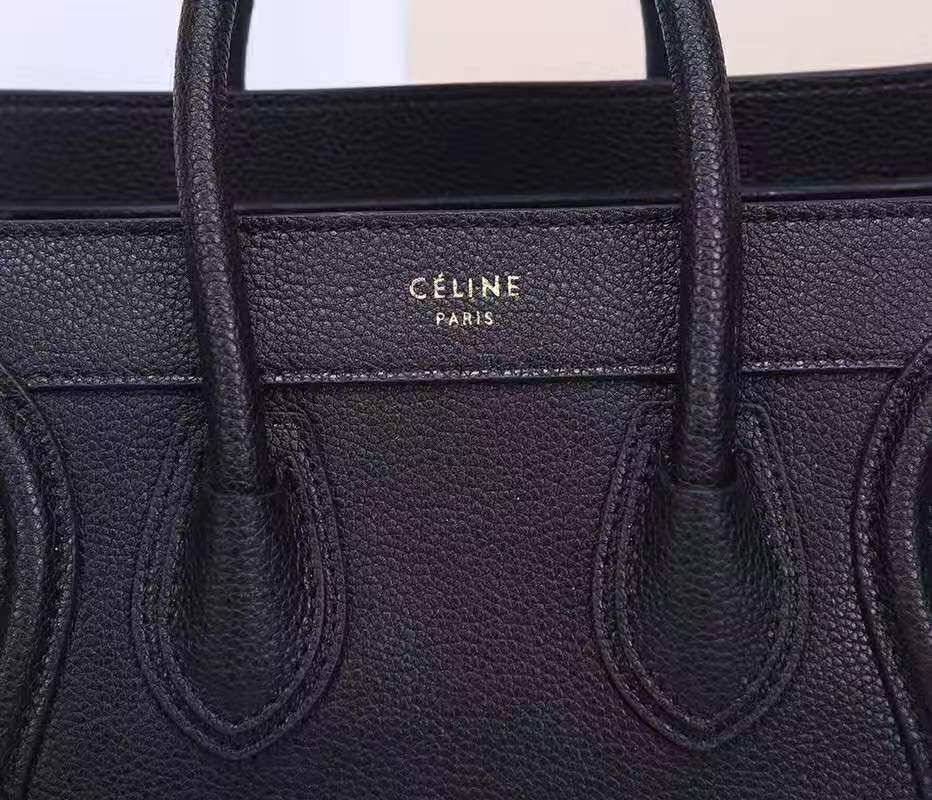 Celine Nano Luggage Bag In Black Drummed Calfskin Gold High