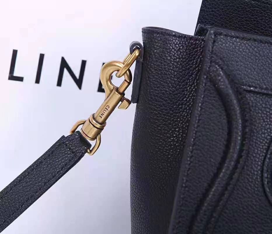 Celine Nano Luggage Bag In Black Drummed Calfskin Gold High