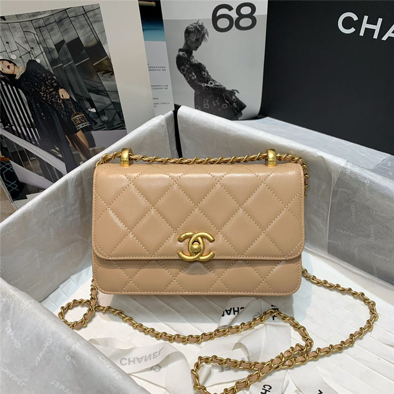 Chanel MINI FLAP BAG Calfskin & Gold-Tone Metal AS2615 Beige High