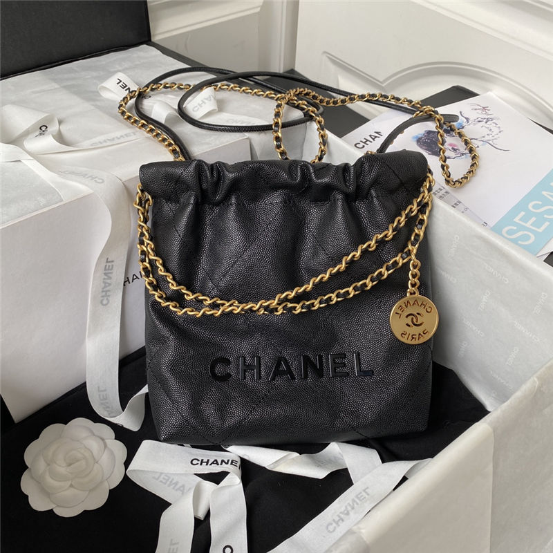 Chanel 22 MINI HANDBAG Shiny Grained Calfskin Black & Gold-Tone Lacquered Metal AS3980 High