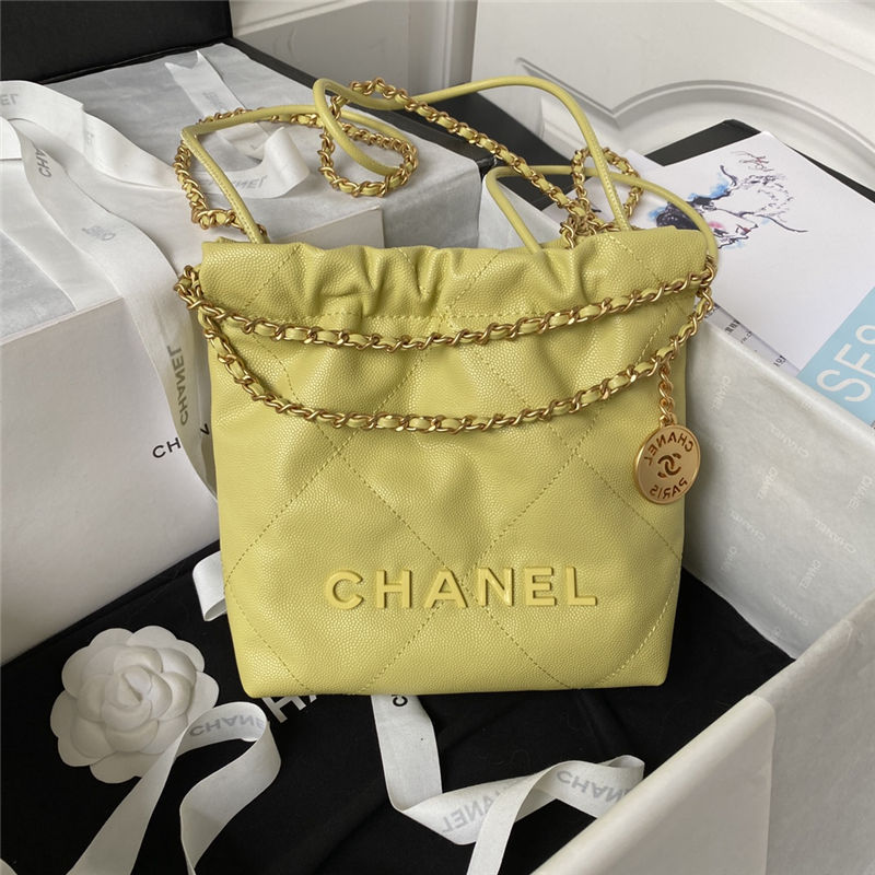 Chanel 22 MINI HANDBAG Shiny Grained Calfskin Yellow & Gold-Tone Lacquered Metal AS3980 High