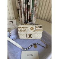 MINI FLAP BAG Lambskin Glass Pearls Imitation Pearls Strass Gold Silver & Ruthenium Finish Metal White High