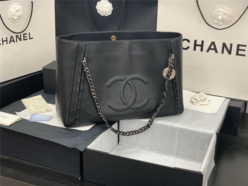 LARGE Chanel SHOPPING BAG TOTE Calfskin Silver Metal AS8473 Black High