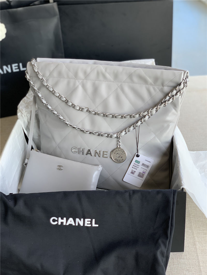 Chanel 22 MEDIUM HANDBAG Shiny Calfskin & Silver-Tone Metal AS3261 Grey High