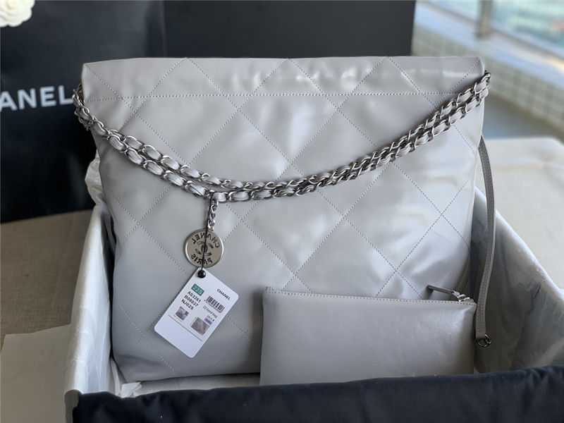 Chanel 22 MEDIUM HANDBAG Shiny Calfskin & Silver-Tone Metal AS3261 Grey High