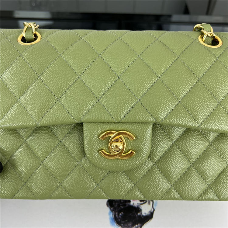 Small CLASSIC HANDBAG Grained Calfskin Gold Metal Green A