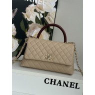 FLAP BAG WITH TOP HANDLE Grained Calfskin Beige Gold Metal High