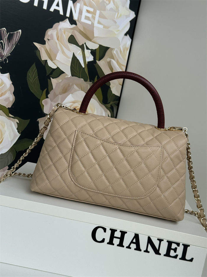 FLAP BAG WITH TOP HANDLE Grained Calfskin Beige Gold Metal High