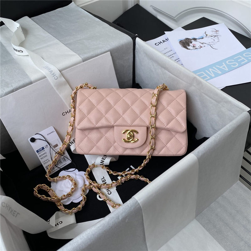 Mini CLASSIC HANDBAG Grained Calfskin Pink Gold Metal A