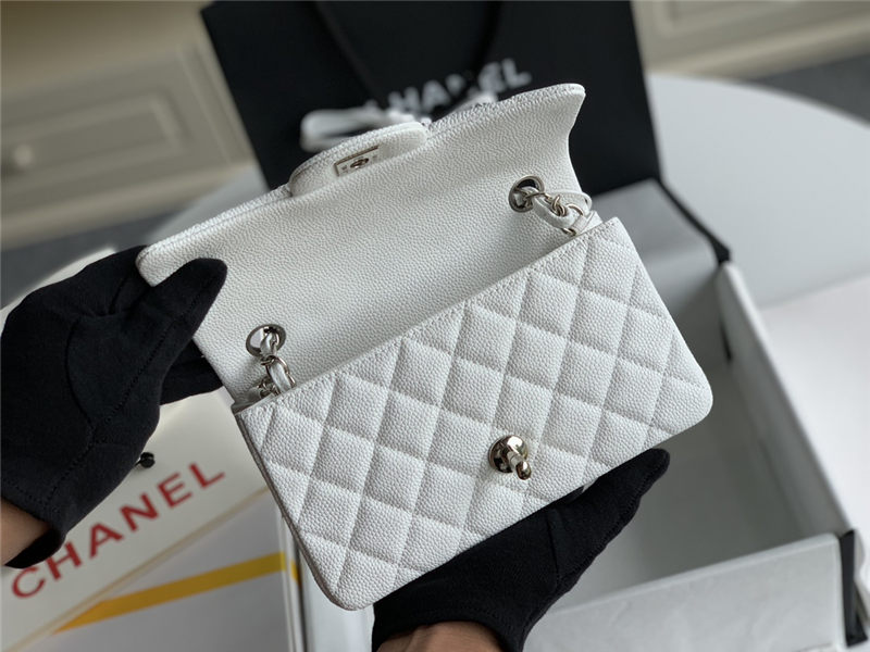 Mini CLASSIC HANDBAG Grained Calfskin White Silver Metal A