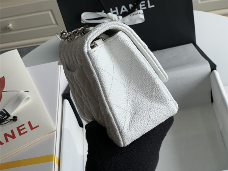 Mini CLASSIC HANDBAG Grained Calfskin White Silver Metal A