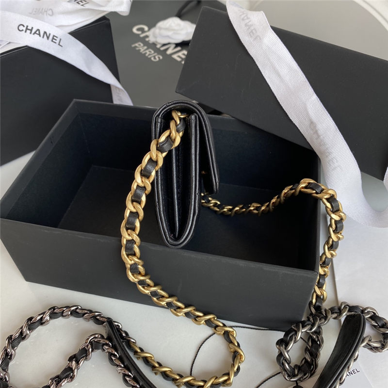 Chanel 19 Flap Coin Purse with Chain Shiny Goatskin Gold Silver Ruthenium-Finish Metal Black A