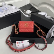 Chanel 19 Flap Coin Purse with Chain Shiny Goatskin Gold Silver Ruthenium-Finish Metal Red A