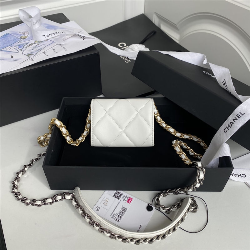 Chanel 19 Flap Coin Purse with Chain Shiny Goatskin Gold Silver Ruthenium-Finish Metal White A