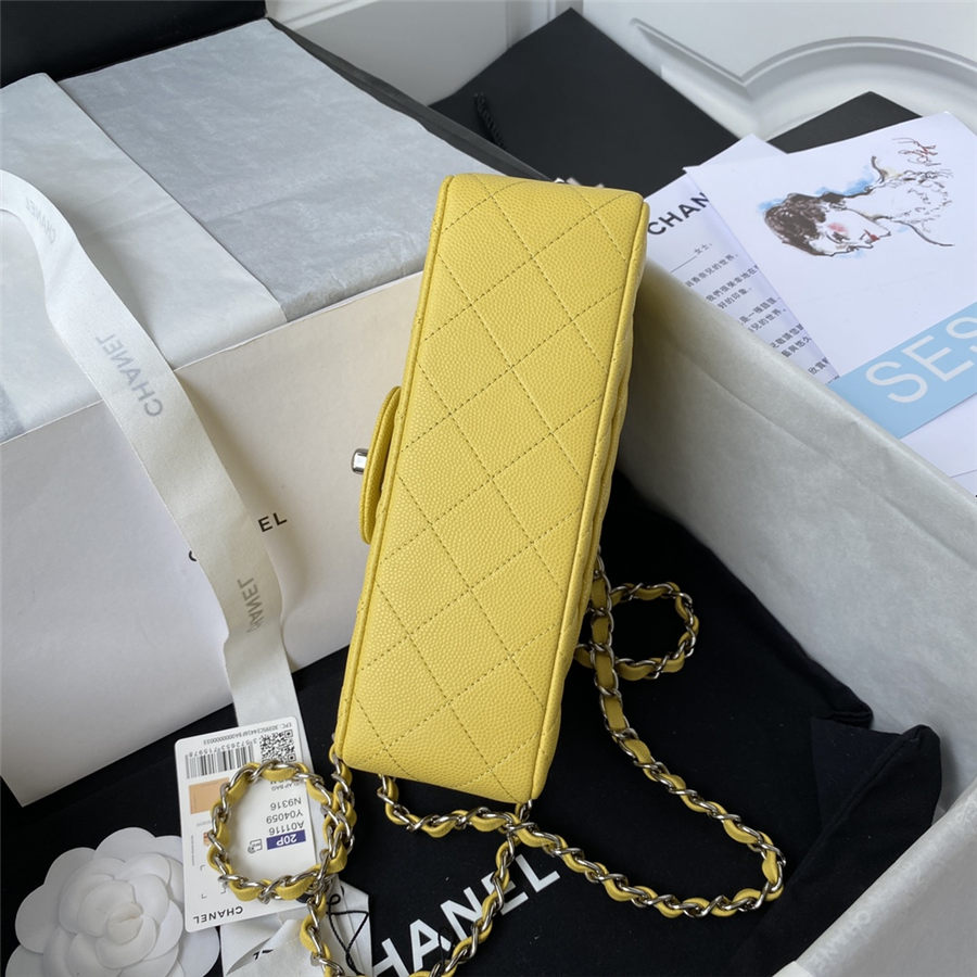 Mini CLASSIC HANDBAG Grained Calfskin Yellow Silver Metal A