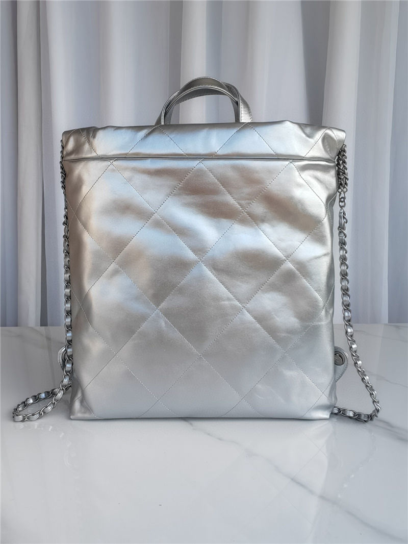 Chanel 22 BACKPACK Shiny Calfskin & Silver-Tone Metal AS3313 Silver High