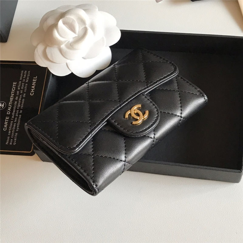 CLASSIC CARD HOLDER AP0214 Lambskin Black Gold-Tone Metal High