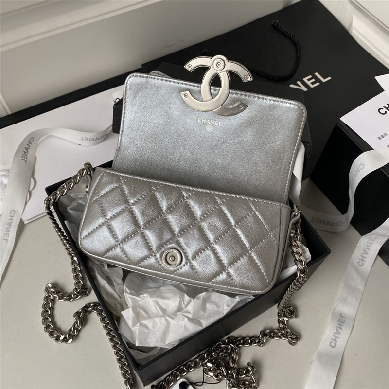 Chanel FLAP PHONE HOLDER WITH CHAIN Shiny Lambskin & Silver-Tone Metal AP3207 Silver A