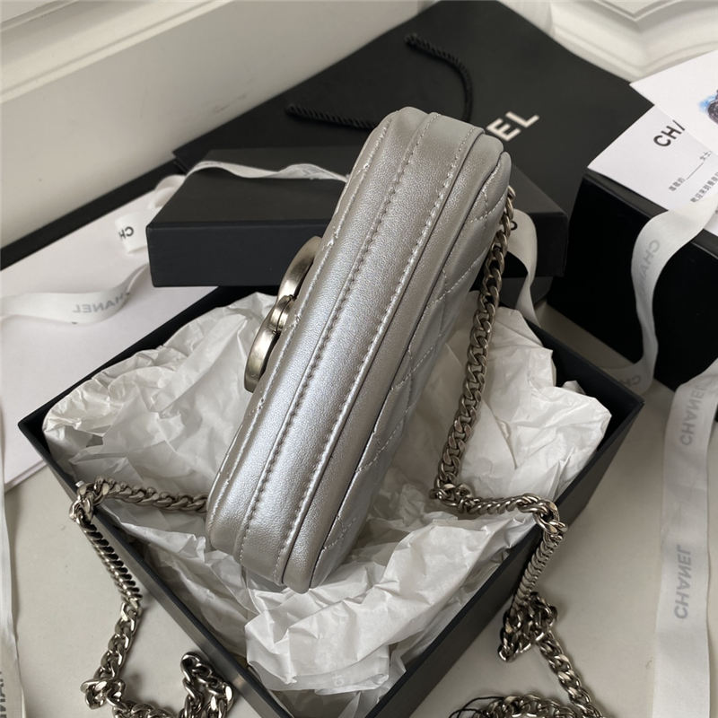 Chanel FLAP PHONE HOLDER WITH CHAIN Shiny Lambskin & Silver-Tone Metal AP3207 Silver A