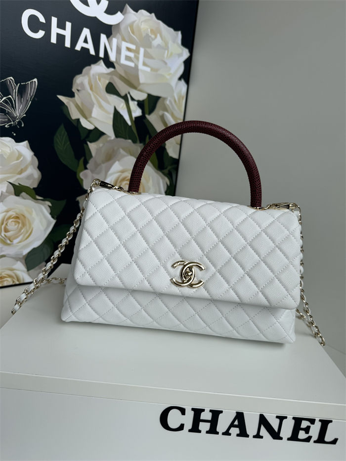 FLAP BAG WITH TOP HANDLE Grained Calfskin White Gold Metal High