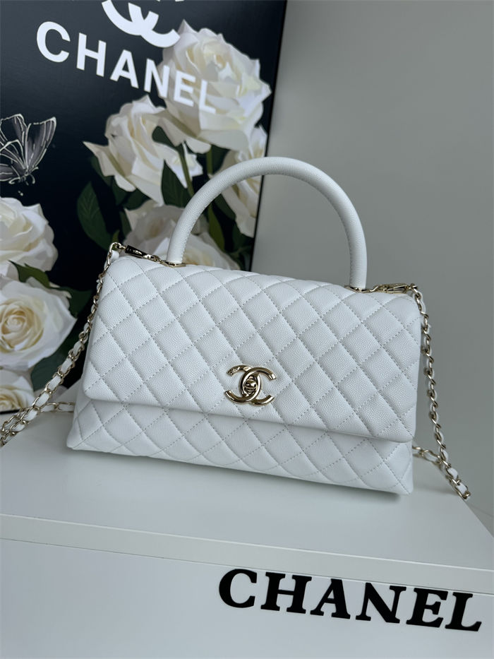 FLAP BAG WITH TOP HANDLE Grained Calfskin White Gold Metal High