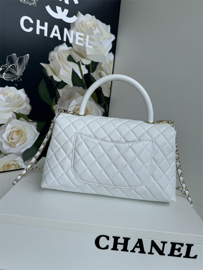 FLAP BAG WITH TOP HANDLE Grained Calfskin White Gold Metal High