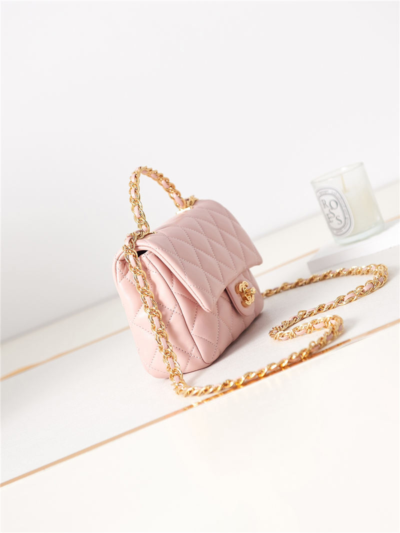 SMALL FLAP BAG WITH TOP HANDLE Shiny Lambskin & Gold-Tone Metal AS4023 Pink A