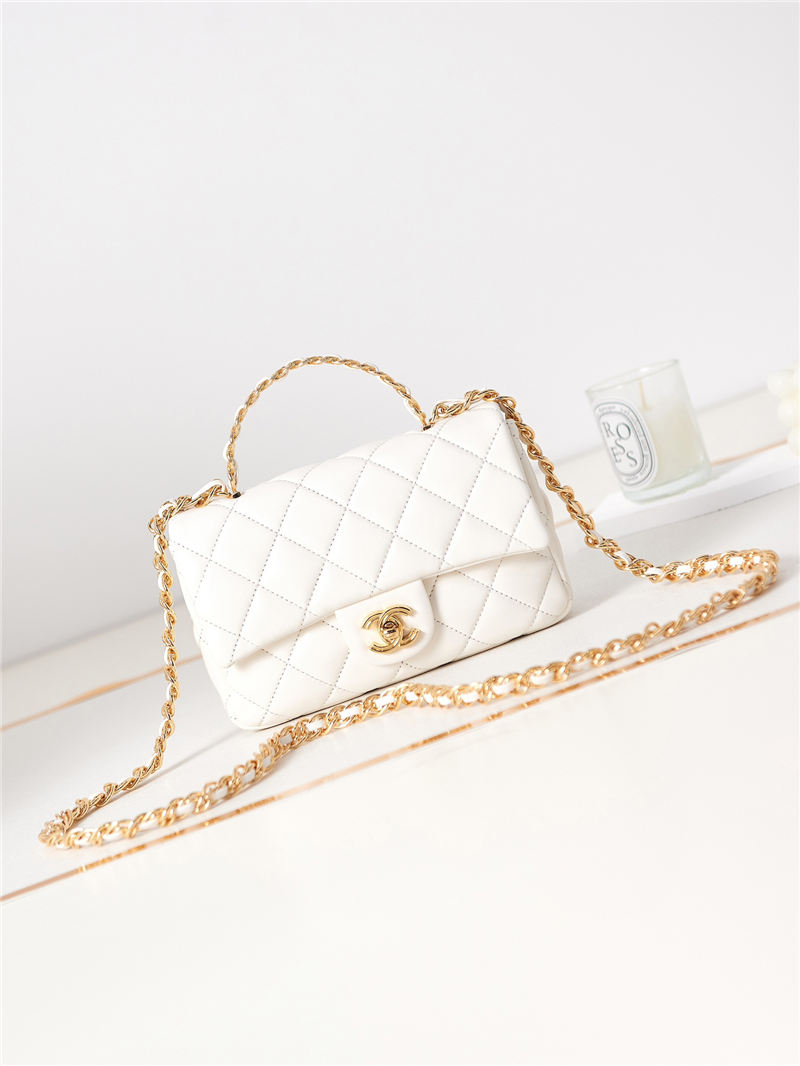 SMALL FLAP BAG WITH TOP HANDLE Shiny Lambskin & Gold-Tone Metal AS4023 White A