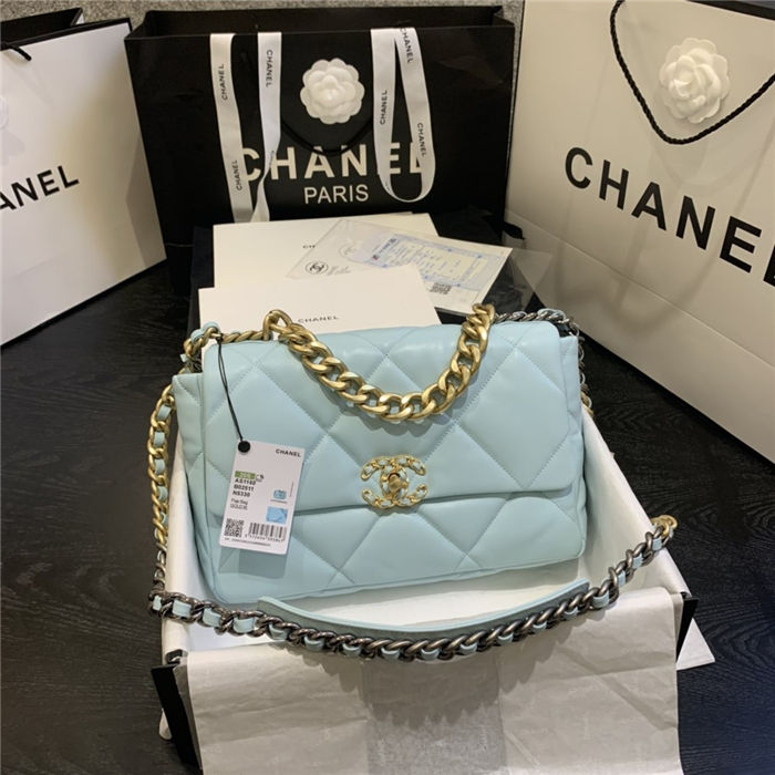 Large Chanel 19 Flap Bag Goatskin/Lambskin Light Blue High