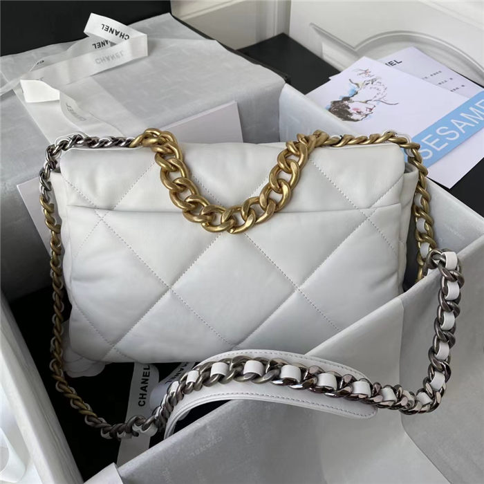 Large Chanel 19 Flap Bag Goatskin/Lambskin White High