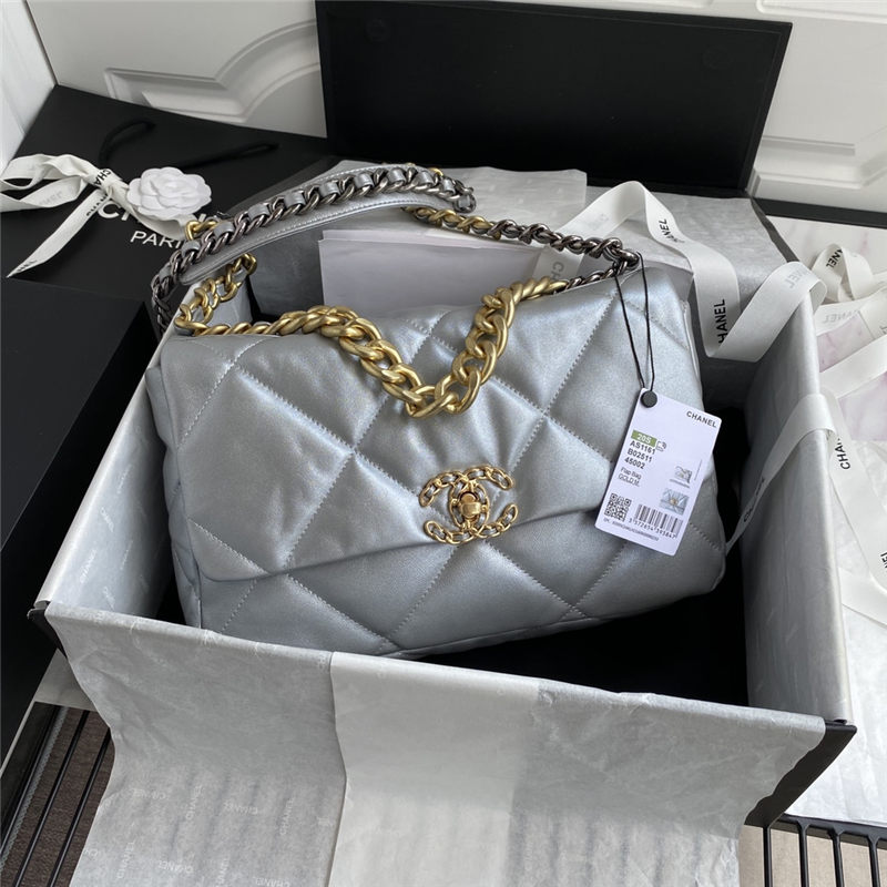 Large Chanel 19 Flap Bag Goatskin/Lambskin Silver High