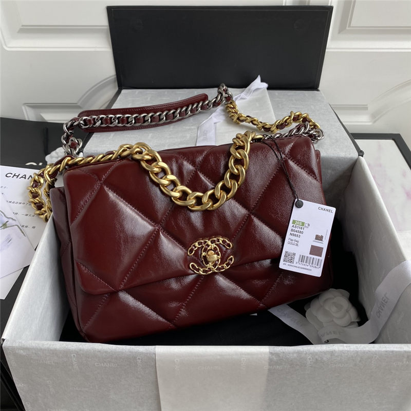 Large Chanel 19 Flap Bag Shiny Crumpled Calfskin Burgundy High