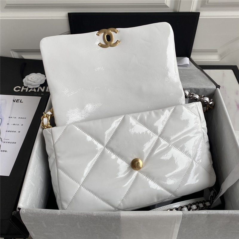 Large Chanel 19 Flap Bag Shiny Crumpled Calfskin White High