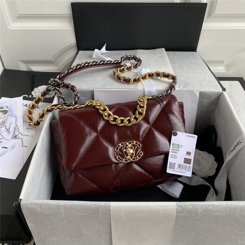 Chanel 19 Flap Bag Shiny Crumpled Calfskin Burgundy High