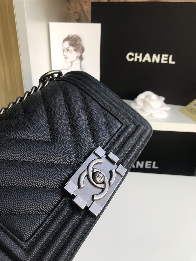 SMALL BOY Chanel HANDBAG Chevrons Pattern Grained Calfskin Black High