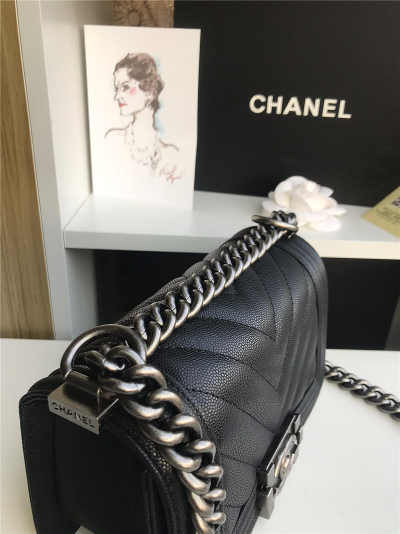 SMALL BOY Chanel HANDBAG Chevrons Pattern Grained Calfskin Black High