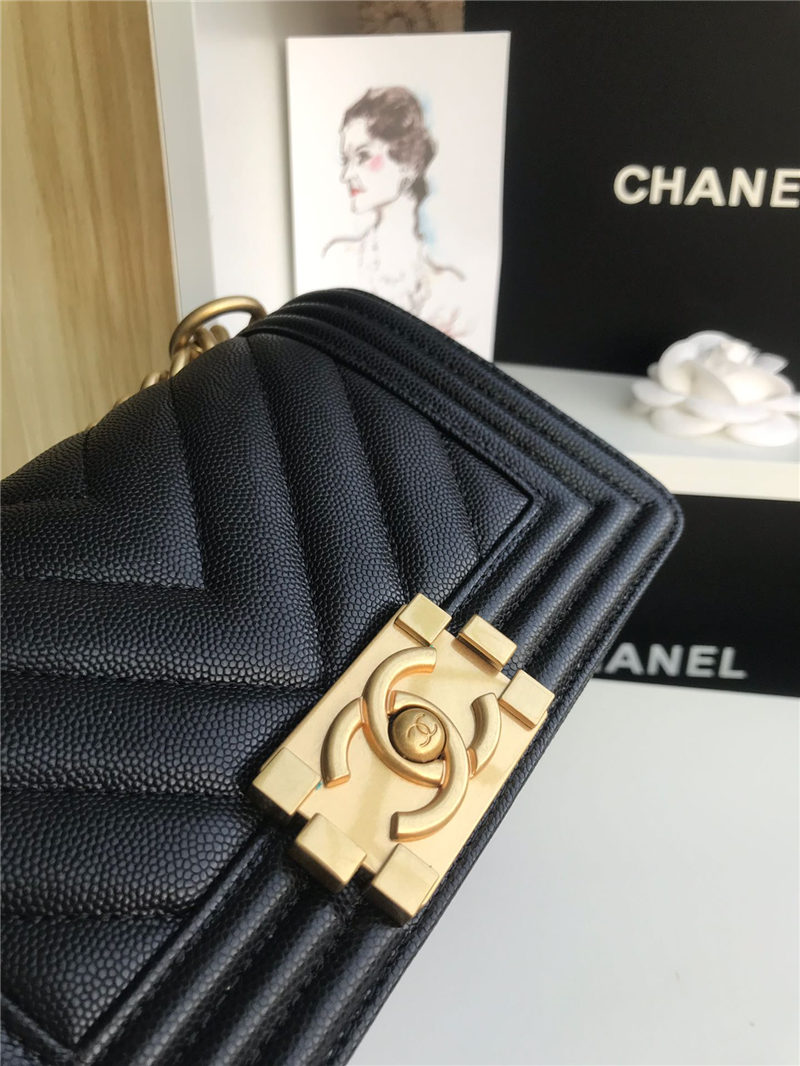 SMALL BOY Chanel HANDBAG Chevrons Pattern Grained Calfskin Black High