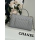 FLAP BAG WITH TOP HANDLE Grained Calfskin Grey-binding Gold Metal High